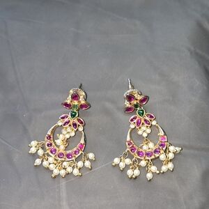 Gold Toned Jadau Chandbali With Ruby-Purple And Emerald Stoned And Pearls